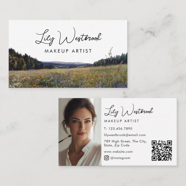 Carte De Visite Code QR de photo de script floral de fleur sauvage (Devant / Derrière)
