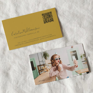 Carte De Visite Code QR de photo de script gris jaune moderne pers