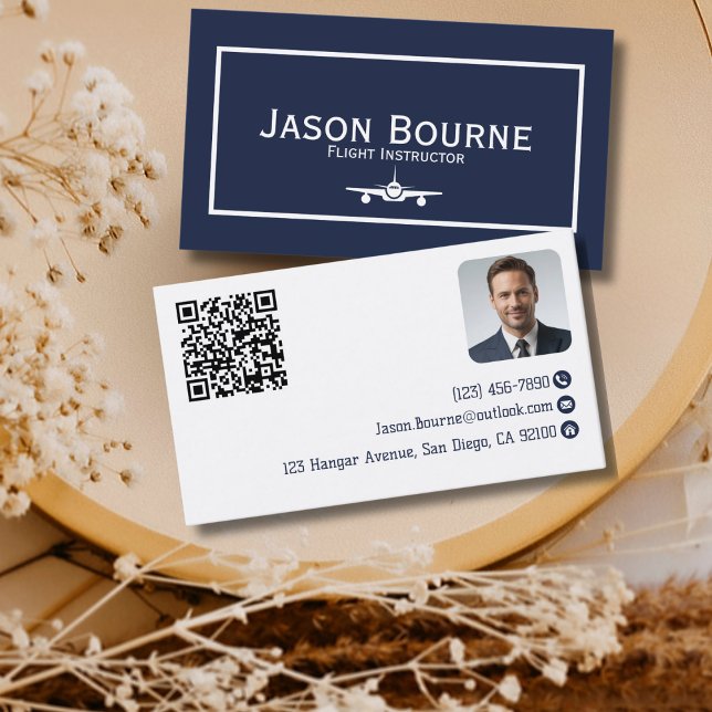 Carte De Visite Code QR de photo d'employé professionnel Bleu Avia (Créateur téléchargé)