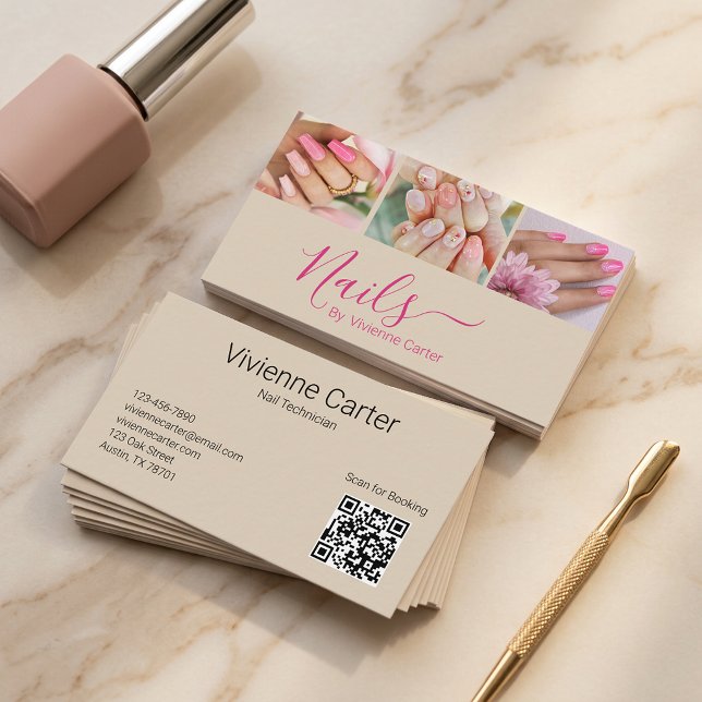 Carte De Visite Code QR de photo d'ongle de script rose fuchsia ch (Tan Fuchsia Hot Pink Script 3 Photo Nail QR Code Business Card)