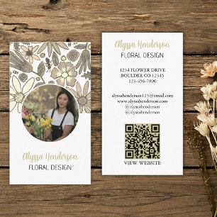 Carte De Visite Code QR de photo floral élégant marron et blanc Lo