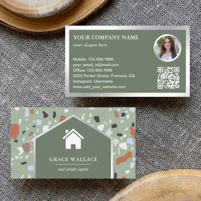 Carte De Visite Code QR de photo immobilière en terrazzo de sage m (Créateur téléchargé)