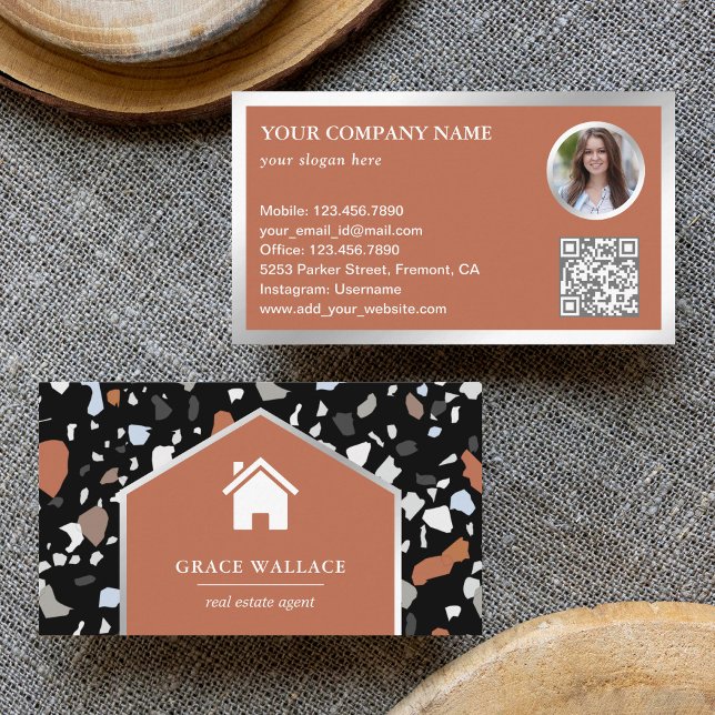 Carte De Visite Code QR de photo immobilière en Terrazzo noir mode (Créateur téléchargé)