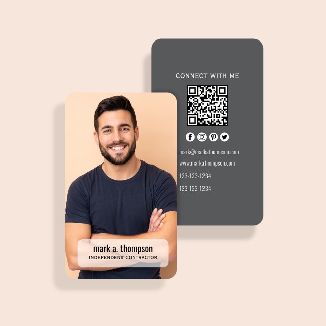 Carte De Visite Code QR de Photo Moderne Connectez-vous Avec Moi M (Photo business card with QR code back and modern contact details layout)