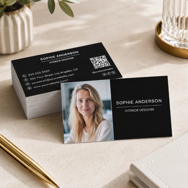 Carte De Visite Code QR de photo professionnelle noire moderne (Modern Black Professional Photo QR Code Business Card)