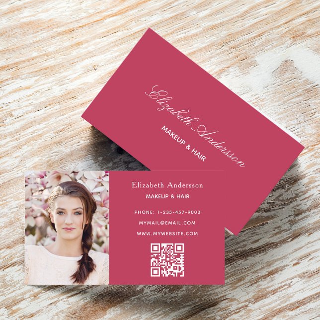 Carte De Visite Code qr de photo rose élégant (Créateur téléchargé)