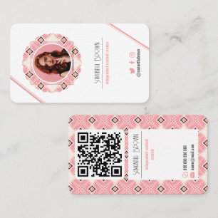 Carte De Visite Code QR de photo rose minimale avec motif