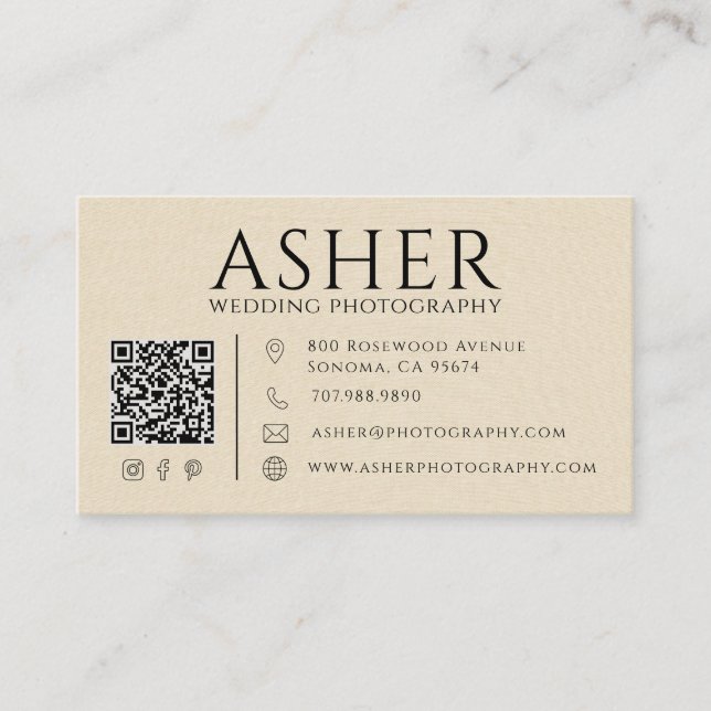 Carte De Visite Code QR de photographe de mariage en lin faux mode (Devant)