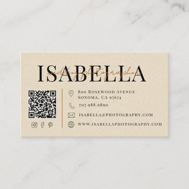 Carte De Visite Code QR de photographe de mariage moderne en lin f (Devant)