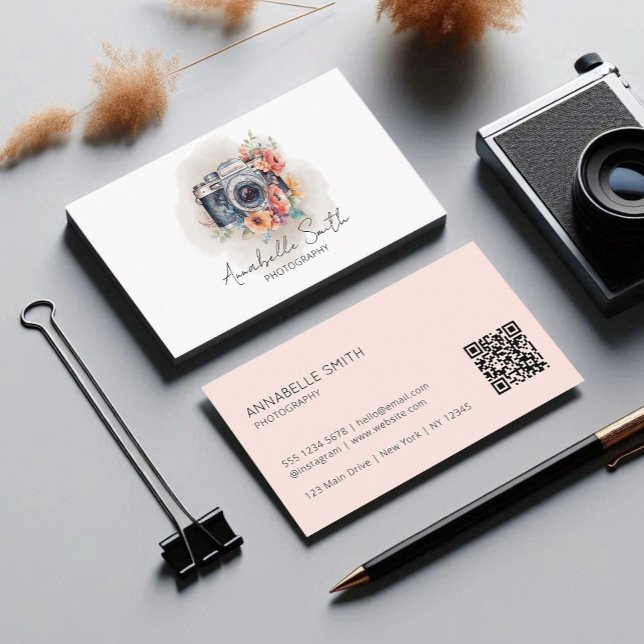 Carte De Visite Code QR de photographie florale rose rose (Créateur téléchargé)