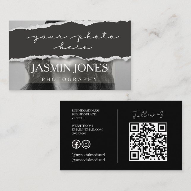 Carte De Visite Code QR de photographie moderne en noir (Devant / Derrière)