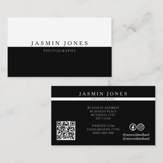 Carte De Visite Code QR de photographie moderne en noir et blanc (Devant / Derrière)