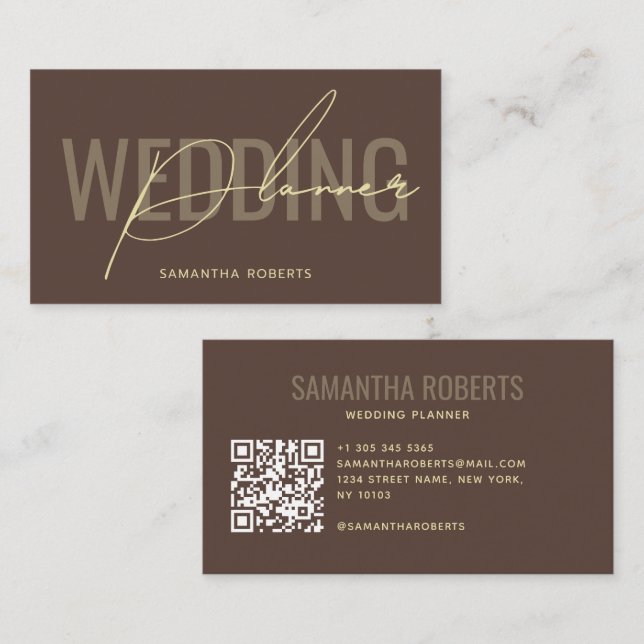 Carte De Visite Code QR de planificateur de mariage moderne marron (Devant / Derrière)