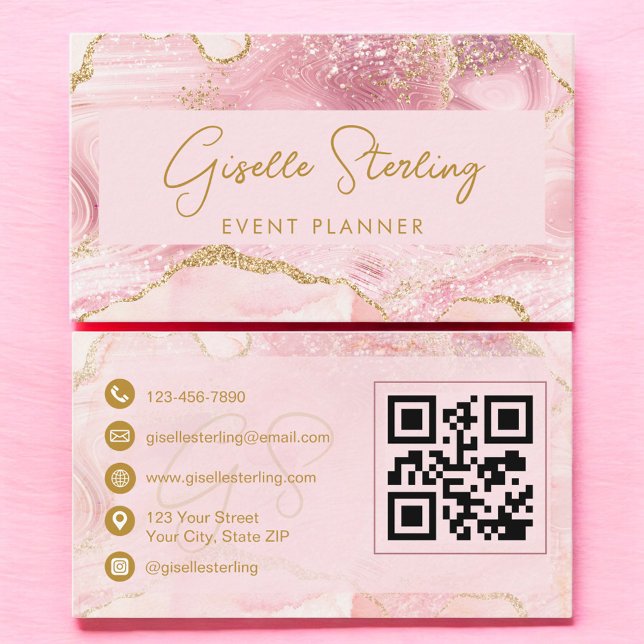 Carte De Visite Code QR de planificateur d'événement en Agate Rose (Créateur téléchargé)