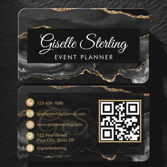 Carte De Visite Code QR de planificateur d'événements Noir Or (Créateur téléchargé)