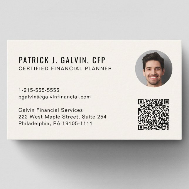 Carte De Visite Code QR de planificateur financier agréé CFP Photo (CFP Certified Financial Planner QR Code Photo Business Card)
