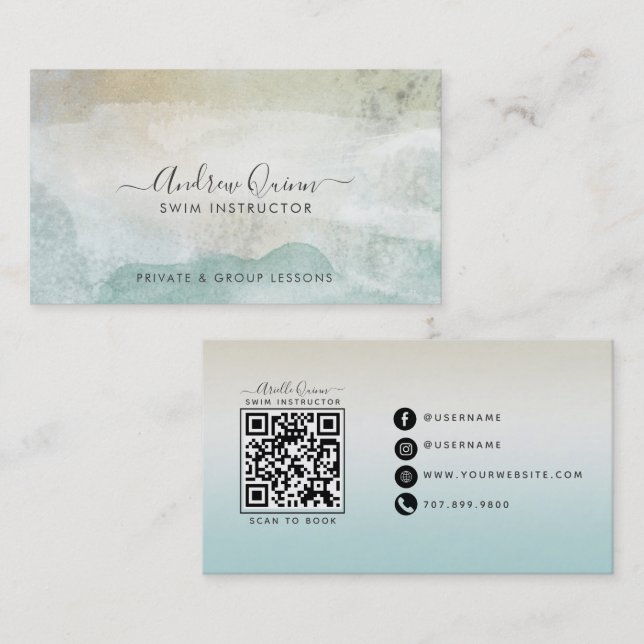 Carte De Visite Code QR de professeur de natation à l'aquarelle mo (Devant / Derrière)