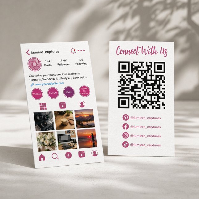 Carte De Visite Code QR de profil de réseau social rose moderne (Modern Pink Social Media Profile Business Card with QR Code)