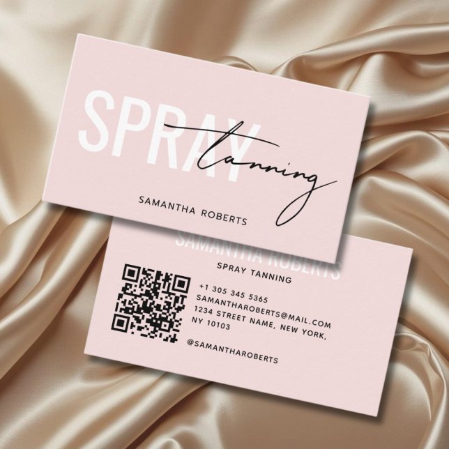Carte De Visite Code QR de pulvérisation de bronzage moderne rose  (Créateur téléchargé)