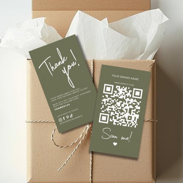 Carte De Visite Code QR de remerciement de commande en vert olive  (Créateur téléchargé)