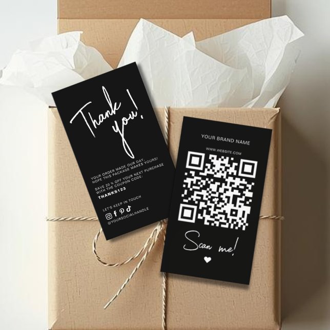 Carte De Visite Code QR de remerciement de commande noir et blanc  (Créateur téléchargé)