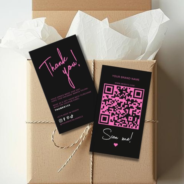 Carte De Visite Code QR de remerciement de commande rose noir mode (Créateur téléchargé)