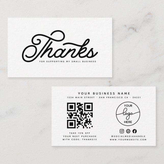 Carte De Visite Code QR de remerciement simple client Script Rétro (Devant / Derrière)
