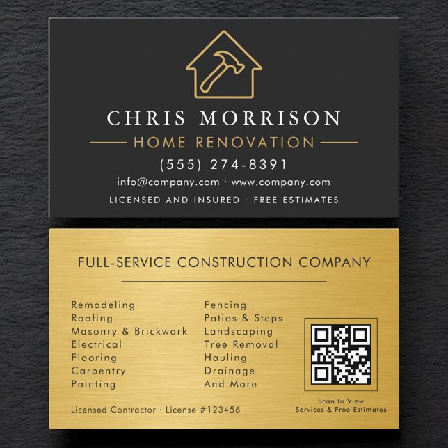 Carte De Visite Code QR de rénovation de maison en métal doré noir (Créateur téléchargé)