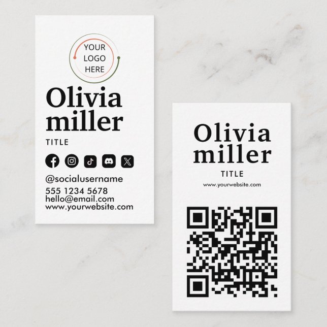 Carte De Visite Code QR de Réseaux Sociaux Modernes | Portrait Min (Devant / Derrière)