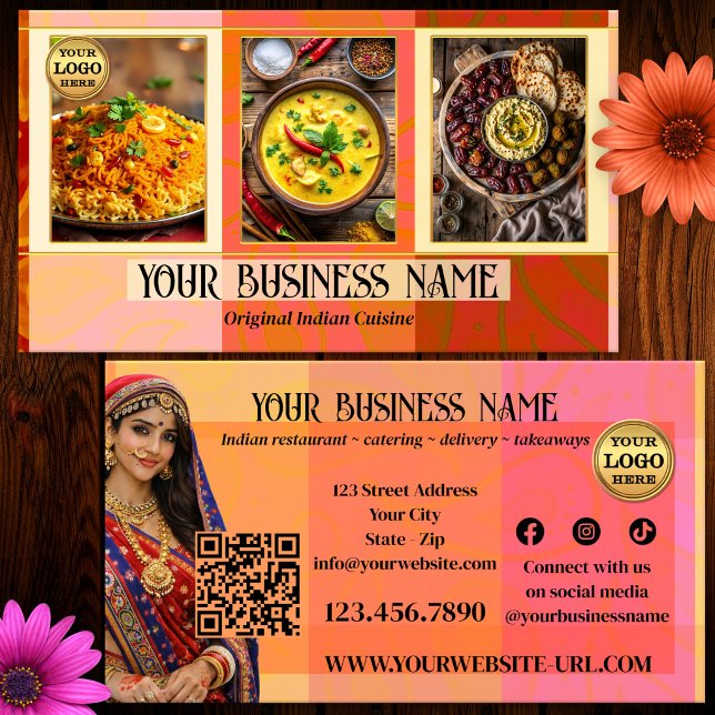 Carte De Visite Code QR de restaurant indien élégant et traiteur (Exotic Indian restaurant - takeaway - catering business card with custom photos, social media, QR)