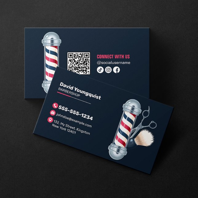 Carte De Visite Code QR de salon de coiffure moderne bleu pour bar (Créateur téléchargé)