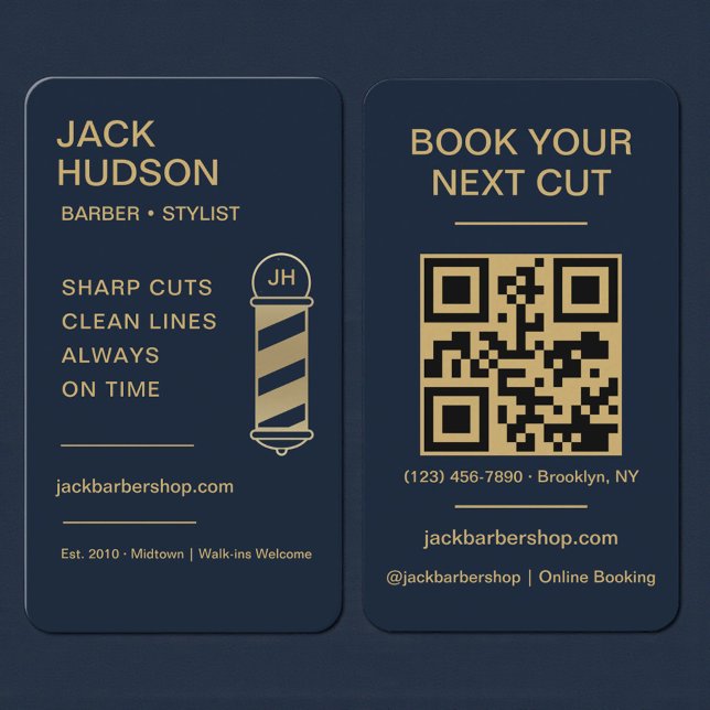 Carte De Visite Code QR de salon de coiffure Navy Blue Gold (Créateur téléchargé)