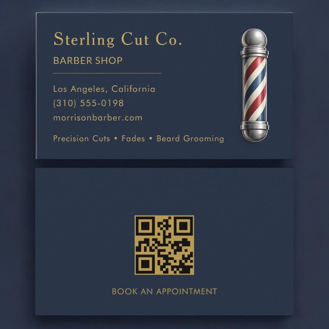Carte De Visite Code QR de salon de coiffure pour hommes Bleu mari (Créateur téléchargé)