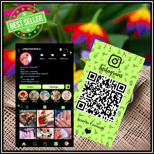 Carte De Visite Code QR de salon de manucure Instagram vert citron