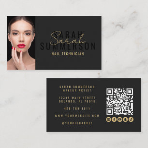 Carte De Visite Code QR de salon de manucure moderne noir or photo