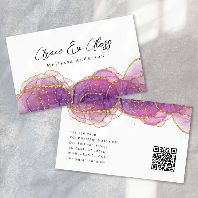 Carte De Visite Code QR de salon de manucure paillettes or violet  (Créateur téléchargé)