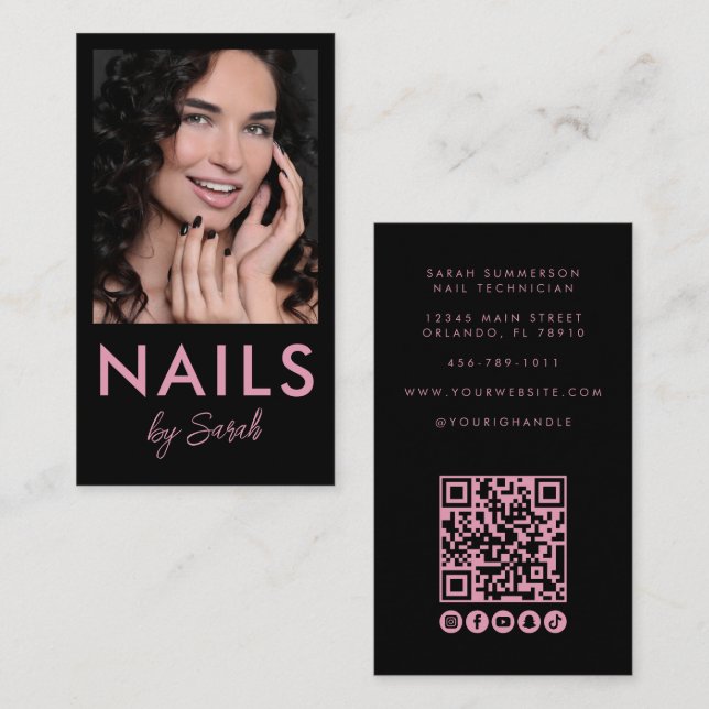 Carte De Visite Code QR de salon de manucure Photo Script Rose Noi (Devant / Derrière)