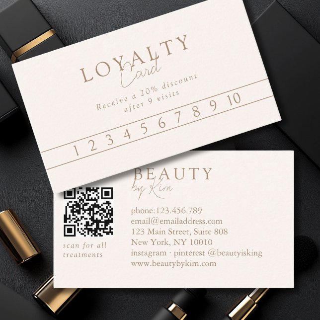 Carte De Visite Code QR de salon élégant minimal beige et marron (Custom Beige & Brown Minimal Elegant Salon QR Code Business Card)