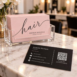 Carte De Visite Code QR de script de coiffeur rose pastel