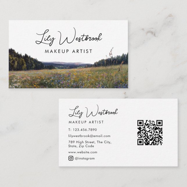 Carte De Visite Code QR de script floral de fleur sauvage à l'aqua (Devant / Derrière)