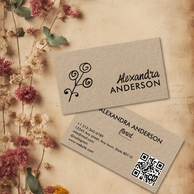 Carte De Visite Code QR de script Kraft floral minimal moderne (Modern Minimal Floral Kraft Script QR Code Business Card)