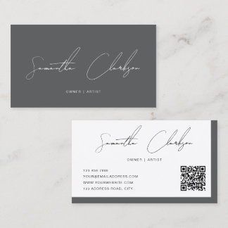 Carte De Visite Code QR de script manuscrit de luxe moderne gris f