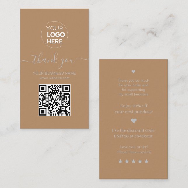 Carte De Visite Code QR de script moderne Merci de commande Brown (Devant / Derrière)