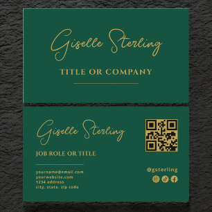 Carte De Visite Code QR de script professionnel Emerald Green Gold