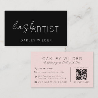 Carte De Visite Code QR de script rose blush noir d'artiste de cil