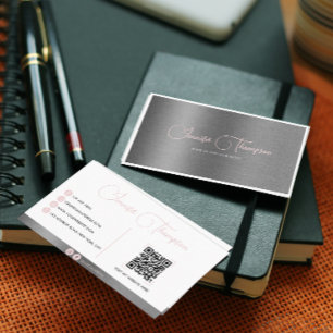 Carte De Visite Code QR de script rose brossé métallique professio