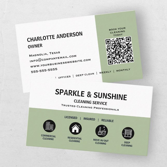Carte De Visite Code QR de service de nettoyage de maison verte mo (Créateur téléchargé)