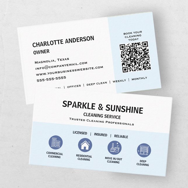 Carte De Visite Code QR de service de nettoyage moderne bleu (Créateur téléchargé)