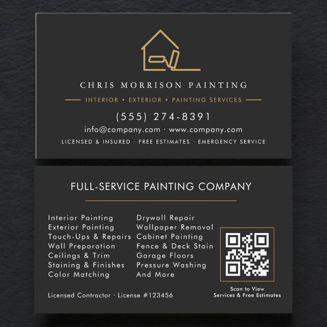 Carte De Visite Code QR de service de peinture moderne or et noir (Créateur téléchargé)