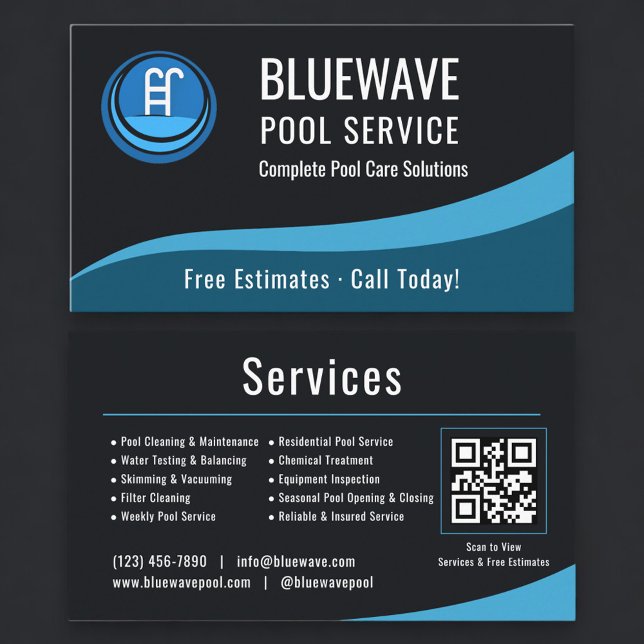 Carte De Visite Code QR de service de piscine Professionnel (Créateur téléchargé)